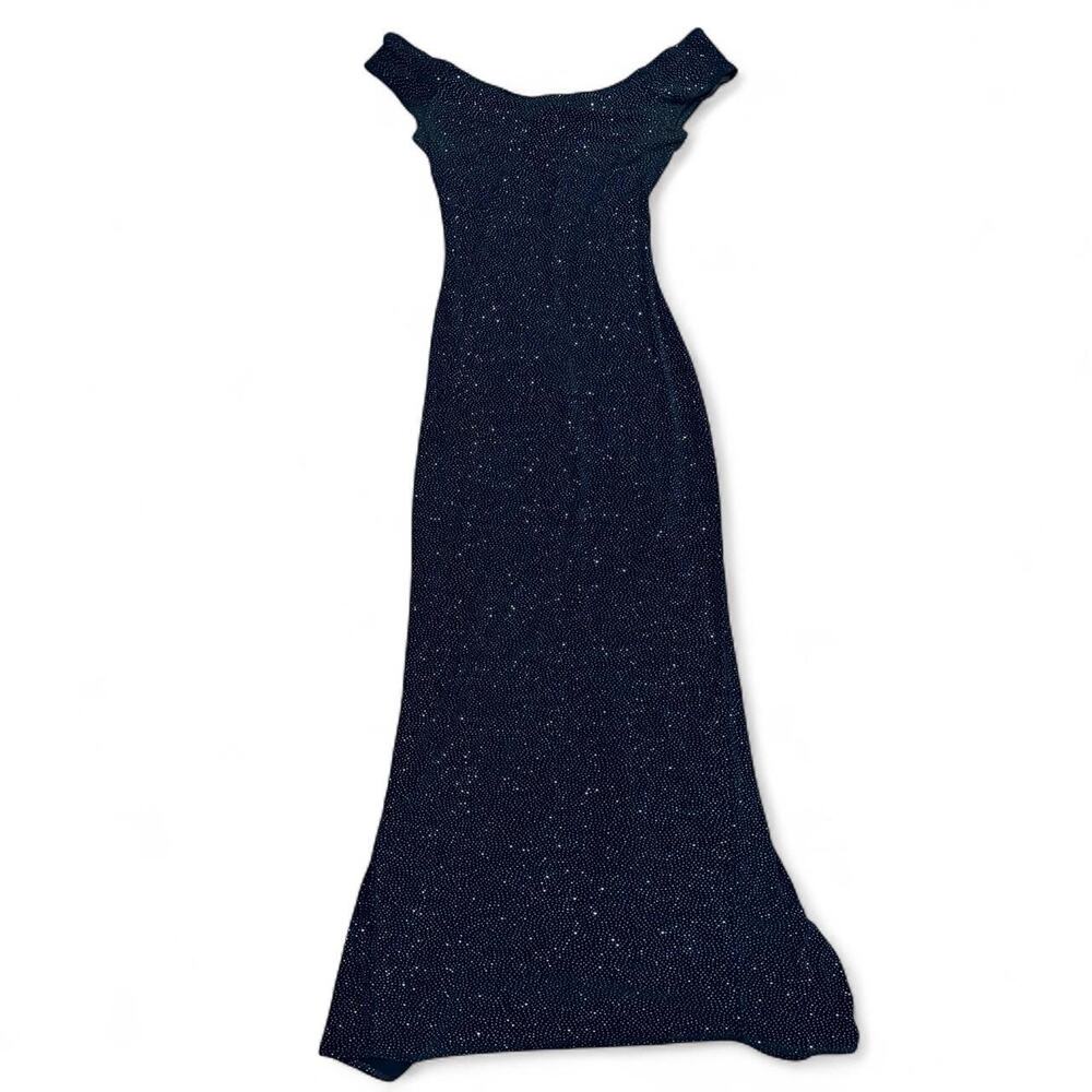 RARE Gunne Sax Jessica MCclintock Navy Sparkle Off Shoulder Gown USA Made Size S